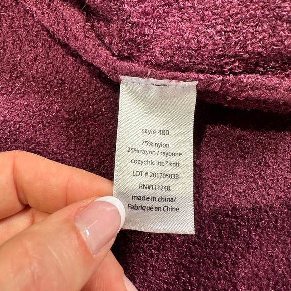 Barefoot Dreams cozy lounge hooded Cozychic Lite knit cardigan plum burgundy M - Picture 4 of 13